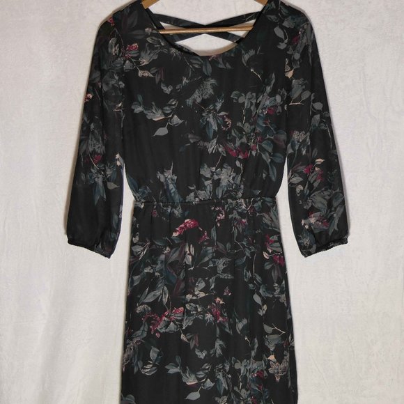 Maurices SZ XS Black Leaf Print Elastic Waist Mini Dress with Back Cross Straps - Picture 1 of 8